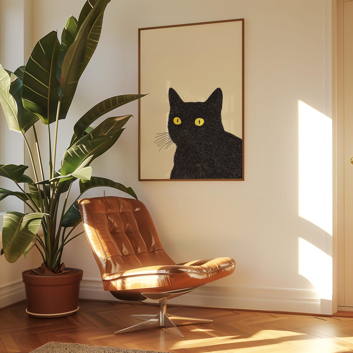 Black Cat Face With Bright Yellow Eyes Minimal Cream Art Poster - Image 6