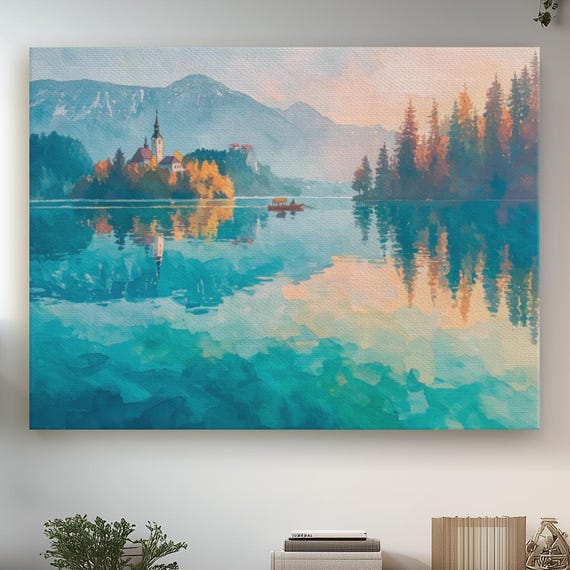 Lake Bled Slovenia Watercolor Calming Canvas Artwork Fairytale Island Church Autumn Forest Glow Soft Reflections In Crystalclear Water