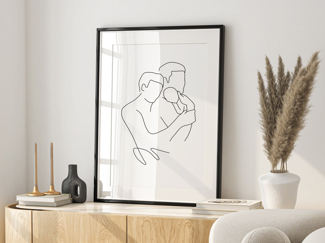 Two Dads Baby Shower Gift Lgbt Baby Gay Family Gay Adoption Family Print New Baby Family Print Line Art Line Drawing Daddy Print - Image 2