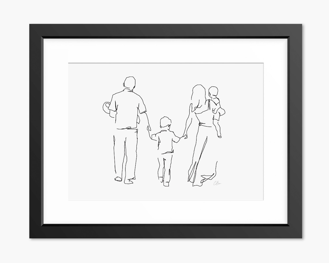 Dad Mom and Two Kids Walking Away Together Line Art Family Poster