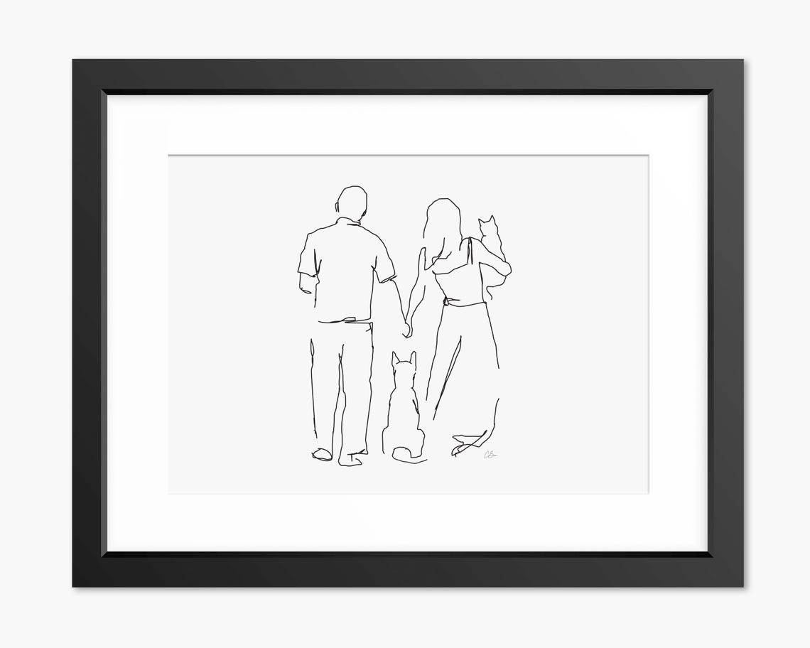 Couple with Two Cats from Behind Minimalist Line Drawing Poster