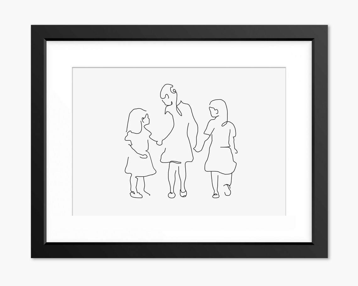 Three Sisters Walking Together Hand in Hand Minimalist Line Art Poster