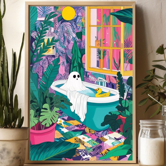 Ghost on Toilet, Dark Academia Halloween Art Print
