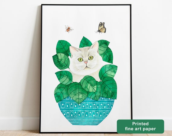 White Cat Plants Illustration Boho Art Print
