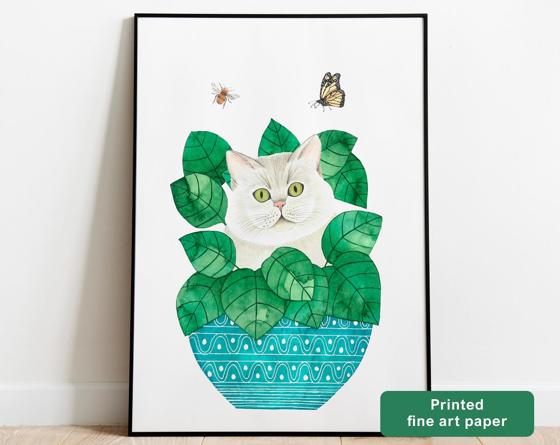 White Cat Plants Illustration Boho Art Print