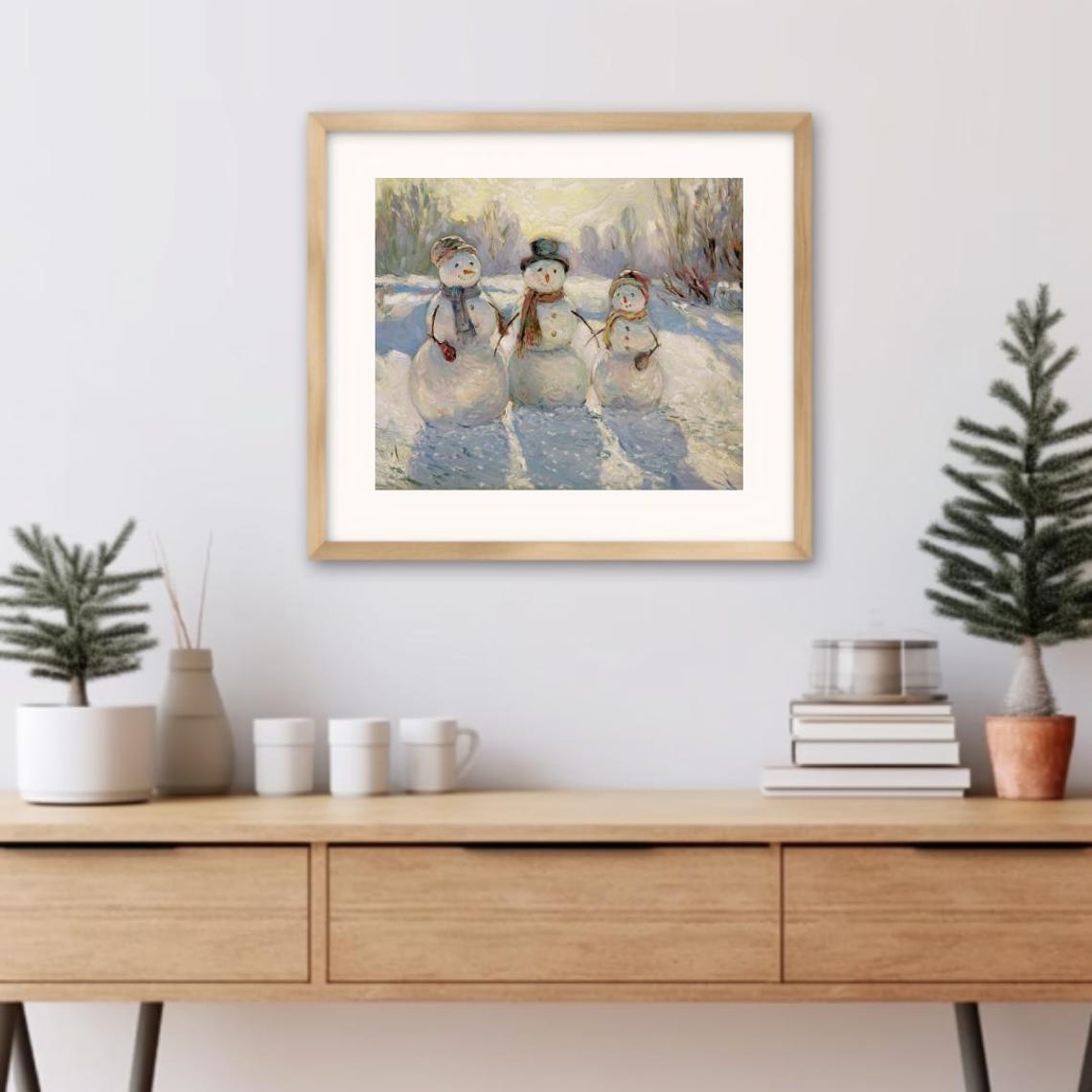 Three Snowmen In Sunny Winter Field Impressionist Holiday Art Poster - Image 3