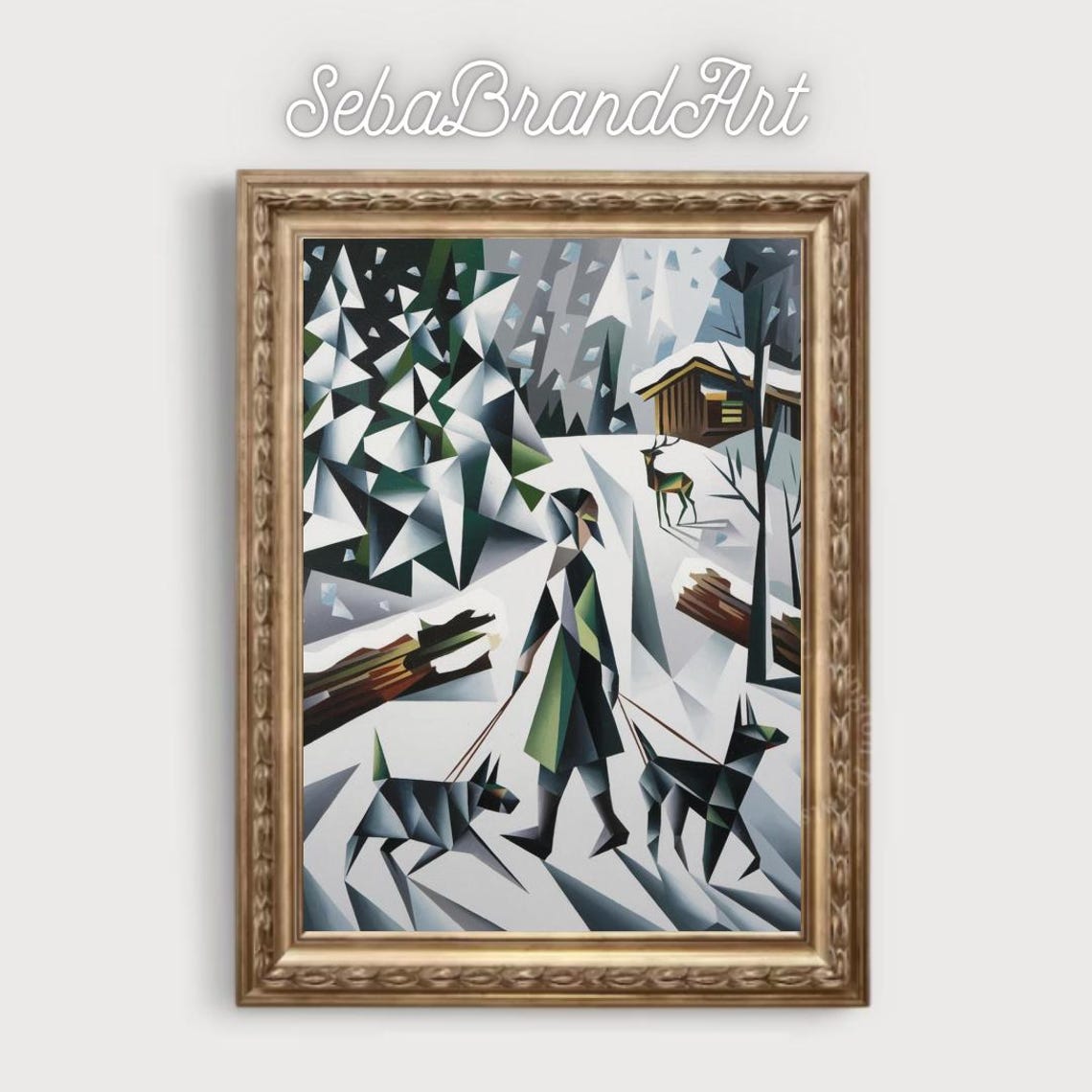 Cubist Figure Walking Two Dogs On A Snowy Forest Path Winter Poster - Image 2