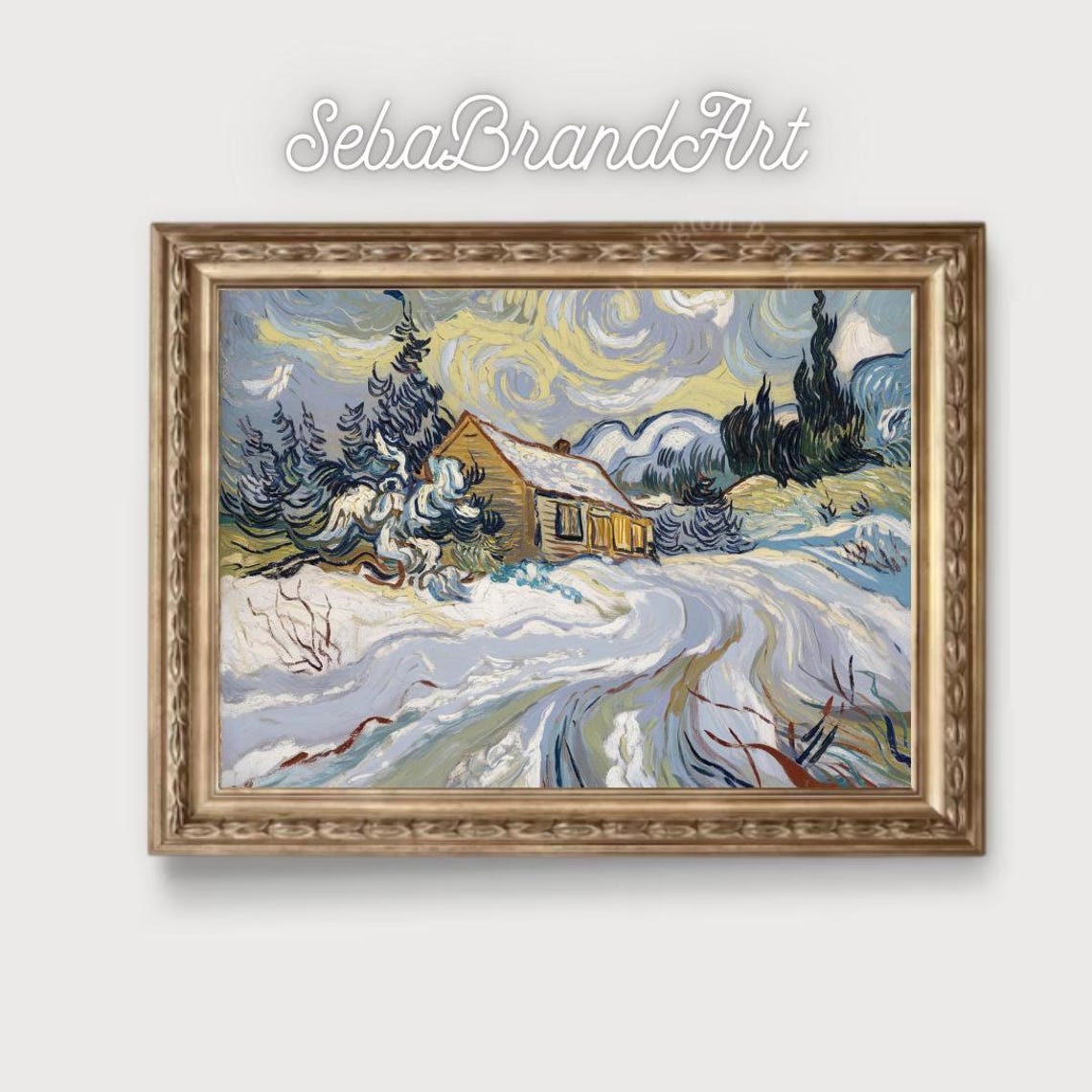 Van Gogh Inspired Snowy Cabin Under Swirling Winter Clouds Poster - Image 2