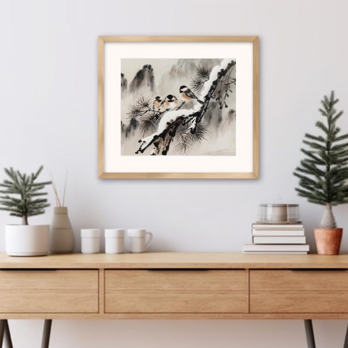 Three Chickadees On Snowy Pine Branch Chinese Ink Bird Art Poster - Image 3