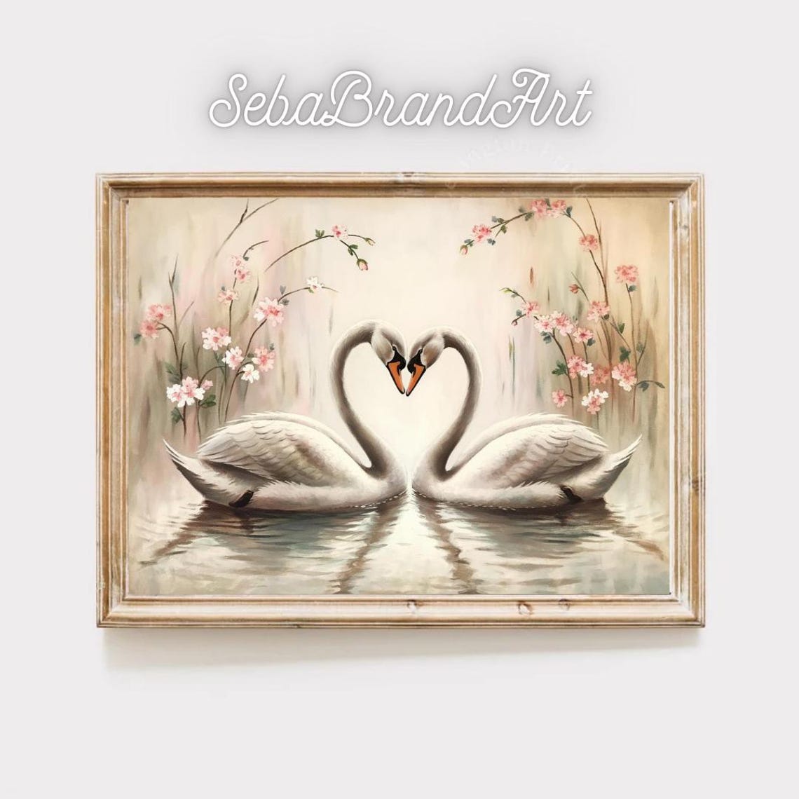 Swans Forming A Heart Under Cherry Blossoms Soft Pastel Love Poster