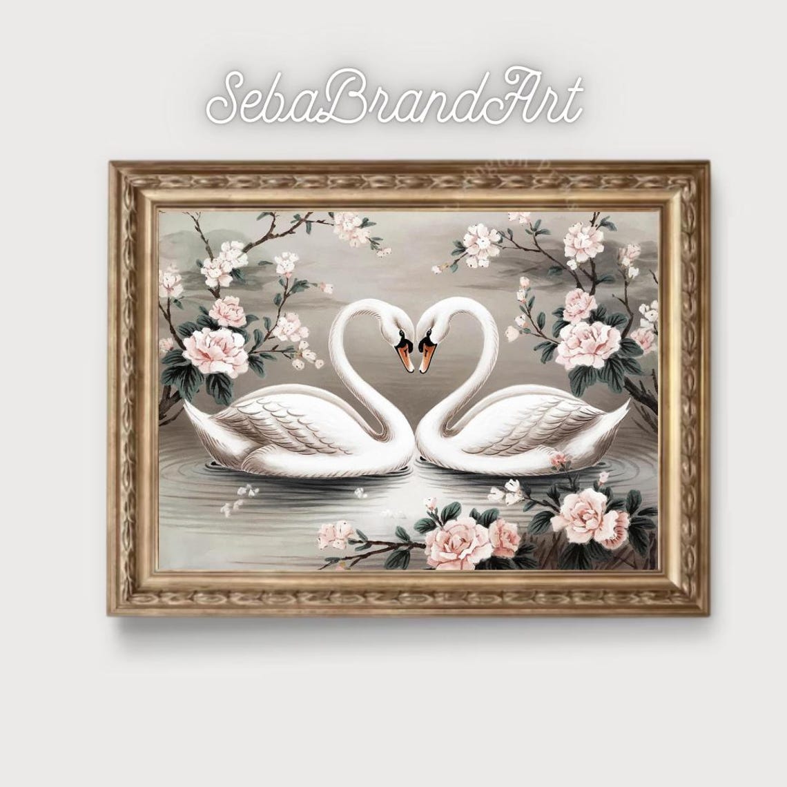 Two Swans Forming Heart Among Pink Peonies Elegant Floral Art Poster - Image 2