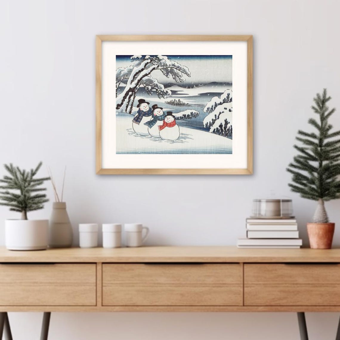 Three Snowmen In Serene Snowy Mountains Japanese Ukiyo E Art Poster - Image 3