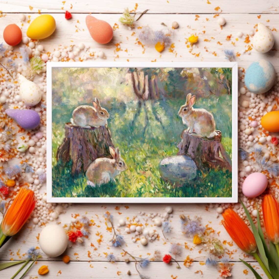 Claude Monet Style Sunlit Meadow, Rabbits Landscape - Image 3