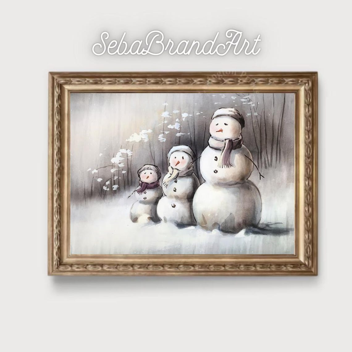 Three Snowmen Family In A Soft Falling Snow Winter Scene Poster - Image 2
