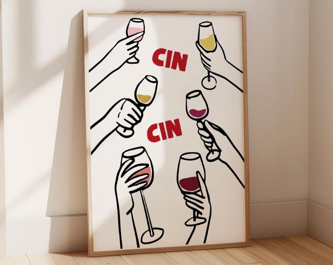 Cin Cin Wine Glasses Cheers Toast Line Art Italian Aperitivo Poster