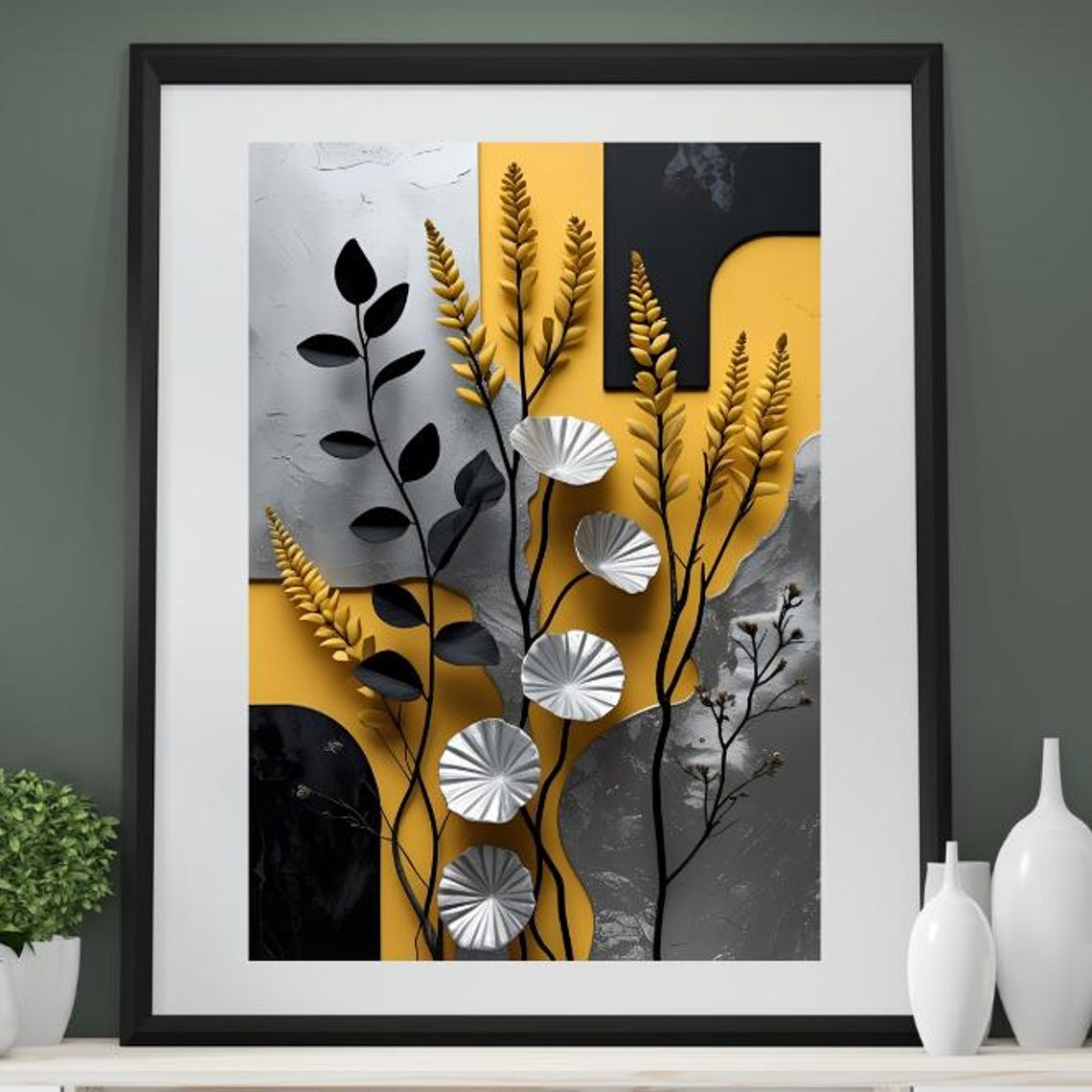 Yellow Silver Wildflower Abstract Poster Modern Botanical Artwork