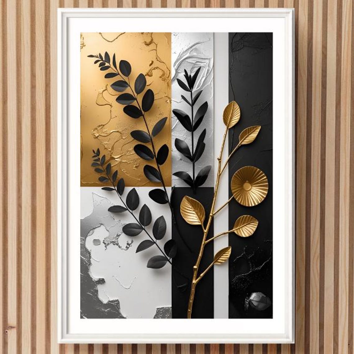 Gold Black Silver Leaf Branch Geometric Abstract Modern Art Poster