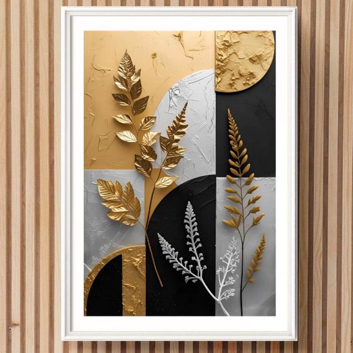 Golden Black Silver Fern Geometric Abstract Modern Wall Poster