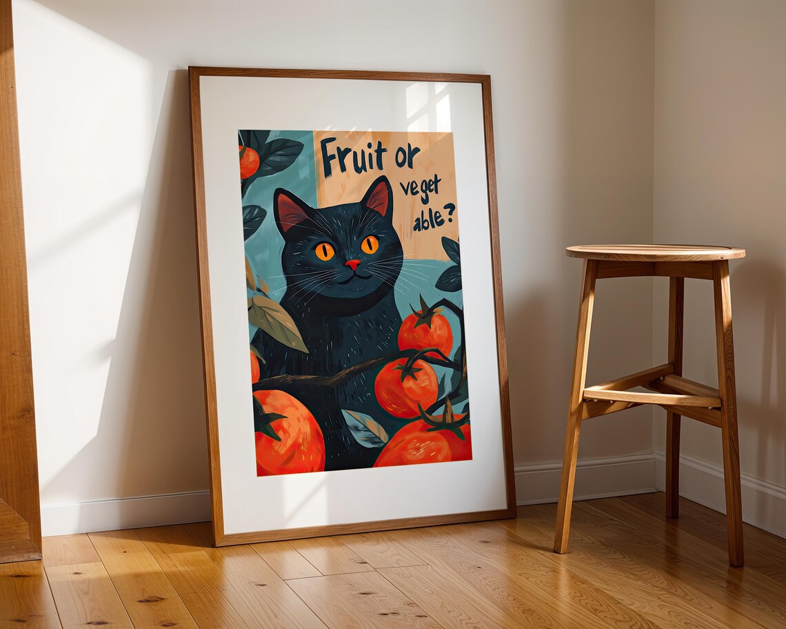 Black Cat With Tomatoes Fruit Or Veget Able Funny Kitchen Retro Style Humor Poster - Image 3