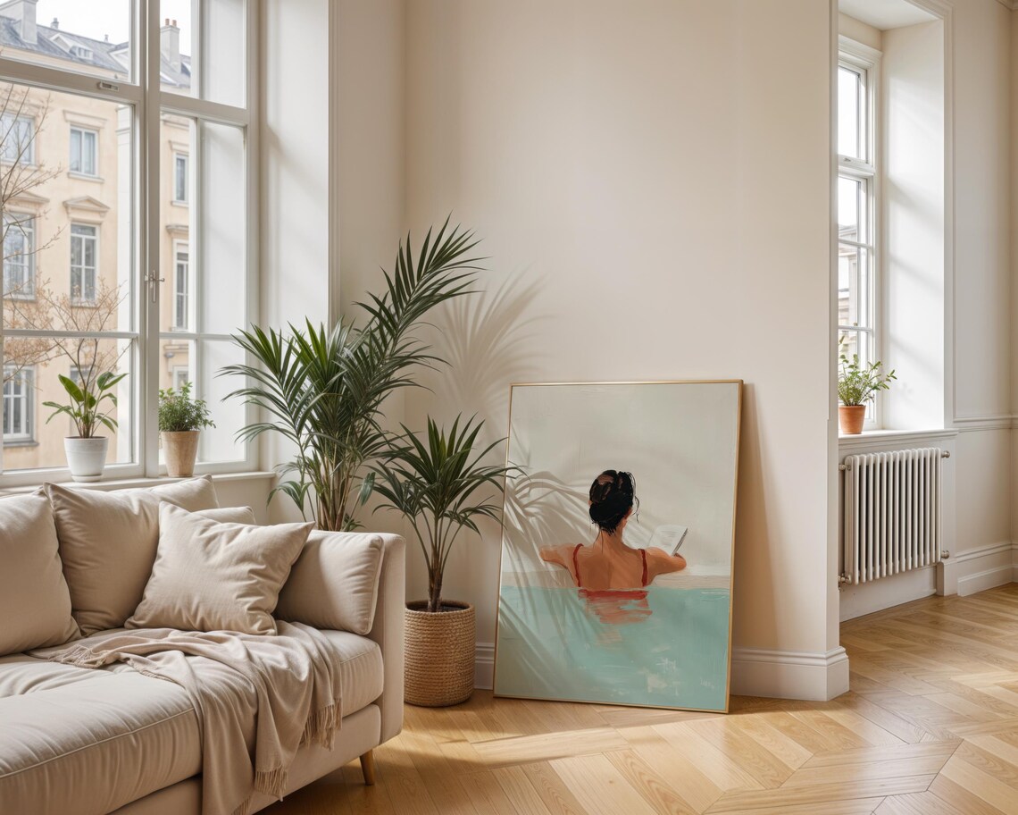 Woman in Red Swimsuit Reading Book in Turquoise Pool Art Poster - Image 2