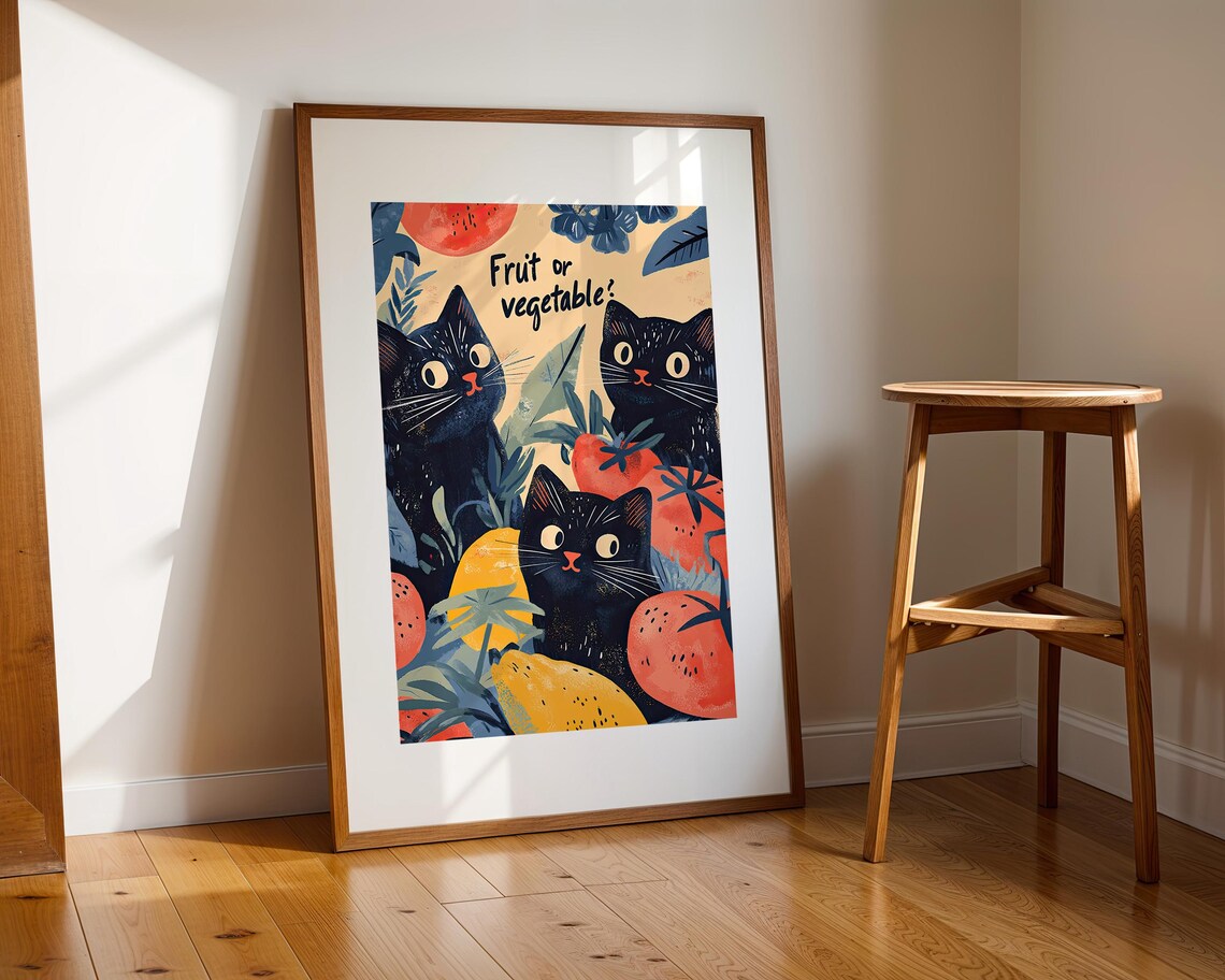 Three Black Cats Among Fruits Fruit Or Vegetable Cute Kitchen Whimsical Humor Poster