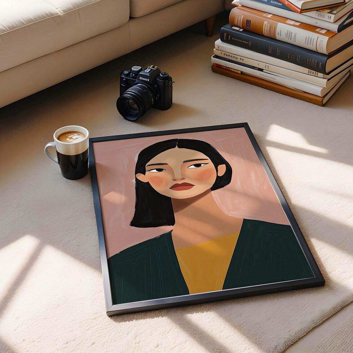 Modern Woman Portrait Pink Background Green Cardigan Bold Flat Illustration Art Poster - Image 3