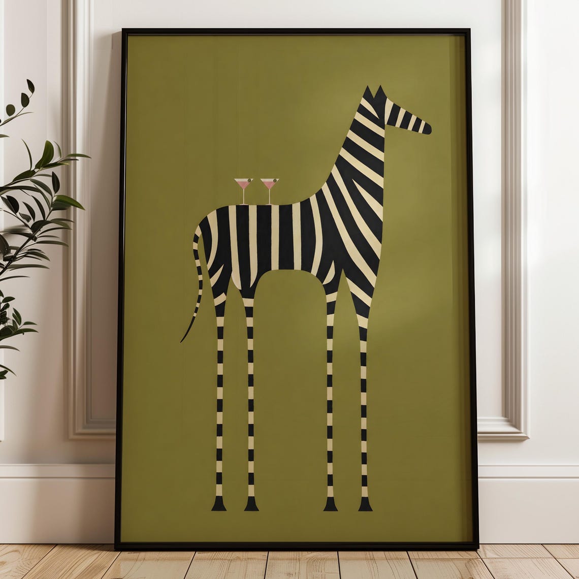 Abstract Zebra Martini Glasses Whimsical Olive Cocktail Art Poster