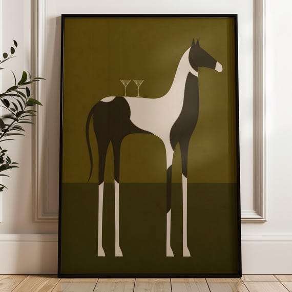Abstract Horse Wall Art Martini Glasses Poster Minimalist Dopamine Decor Digital Download