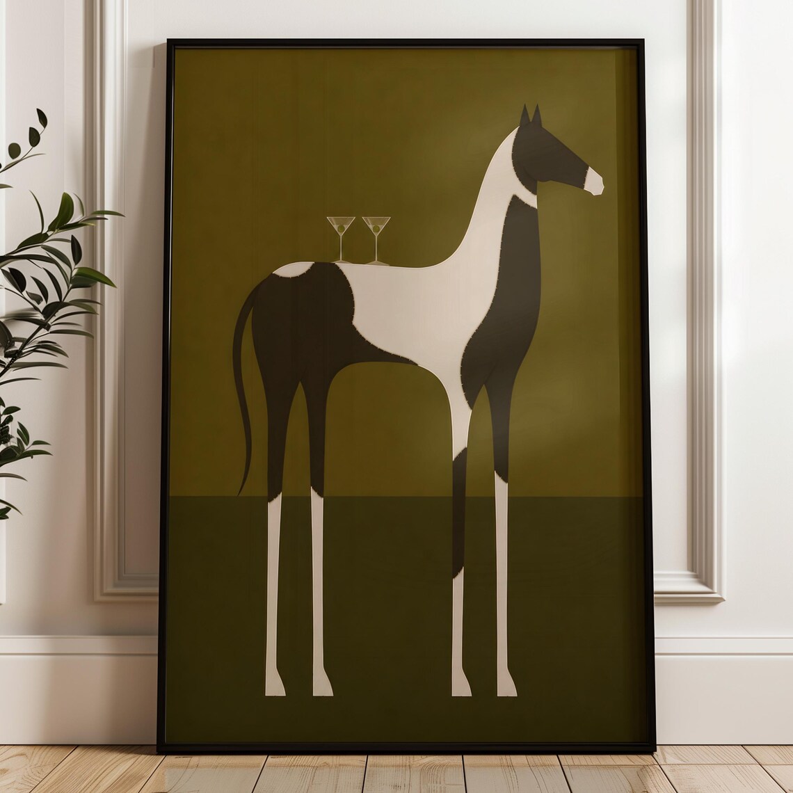 Abstract Horse Martini Glasses Minimalist Black Olive Art Poster
