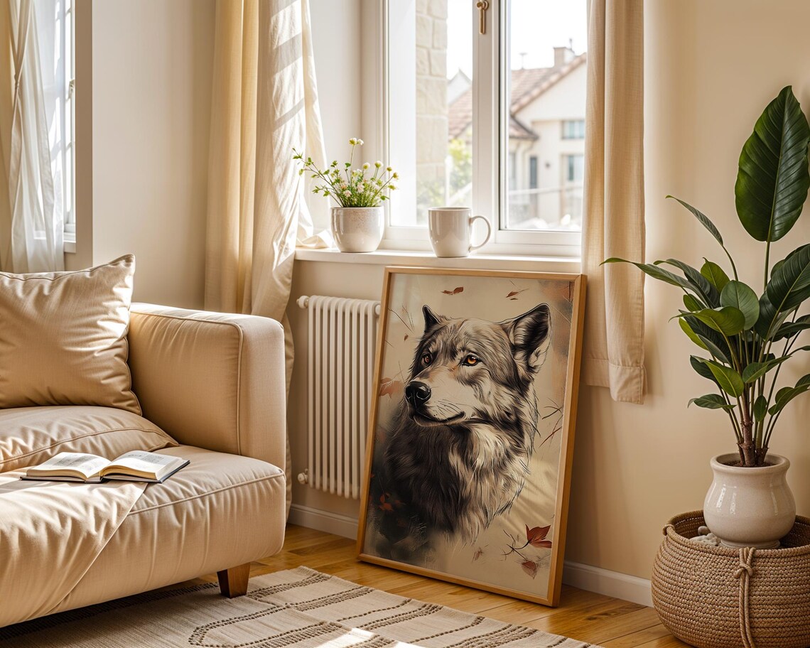 Majestic Gray Wolf Portrait Close Up Sepia Wildlife Art Poster - Image 3