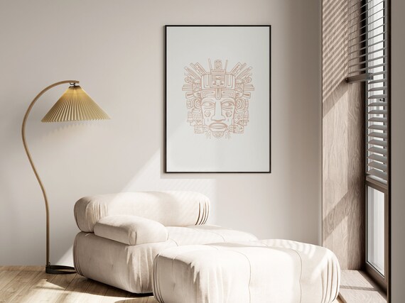 Mayan Mask Glyph Line Art Terracotta Minimalist Tribal Poster