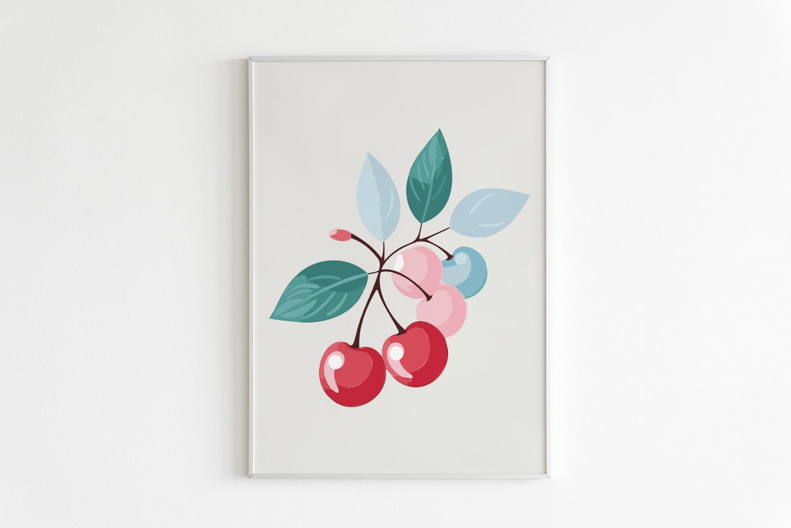 Cherry Blossom Botanical Fruit Illustration Red Cherries Poster