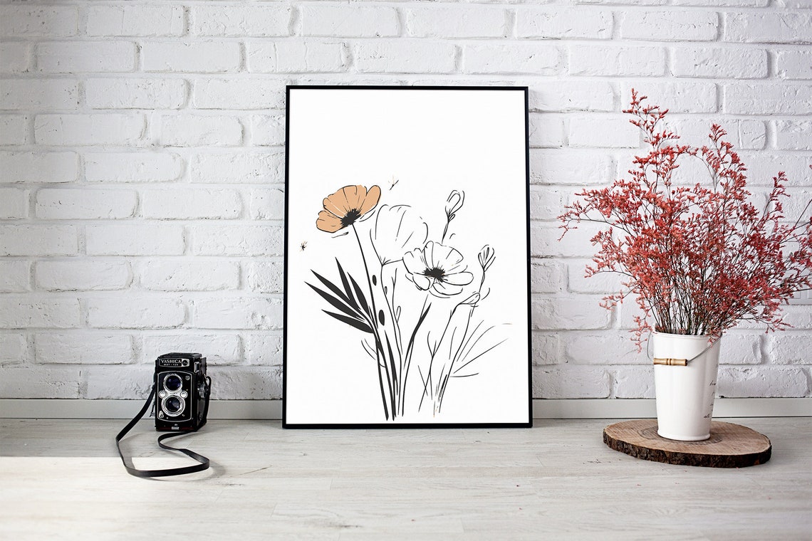 Orange Poppy Line Art Floral Botanical Minimalist Framed Wall Art - Image 2