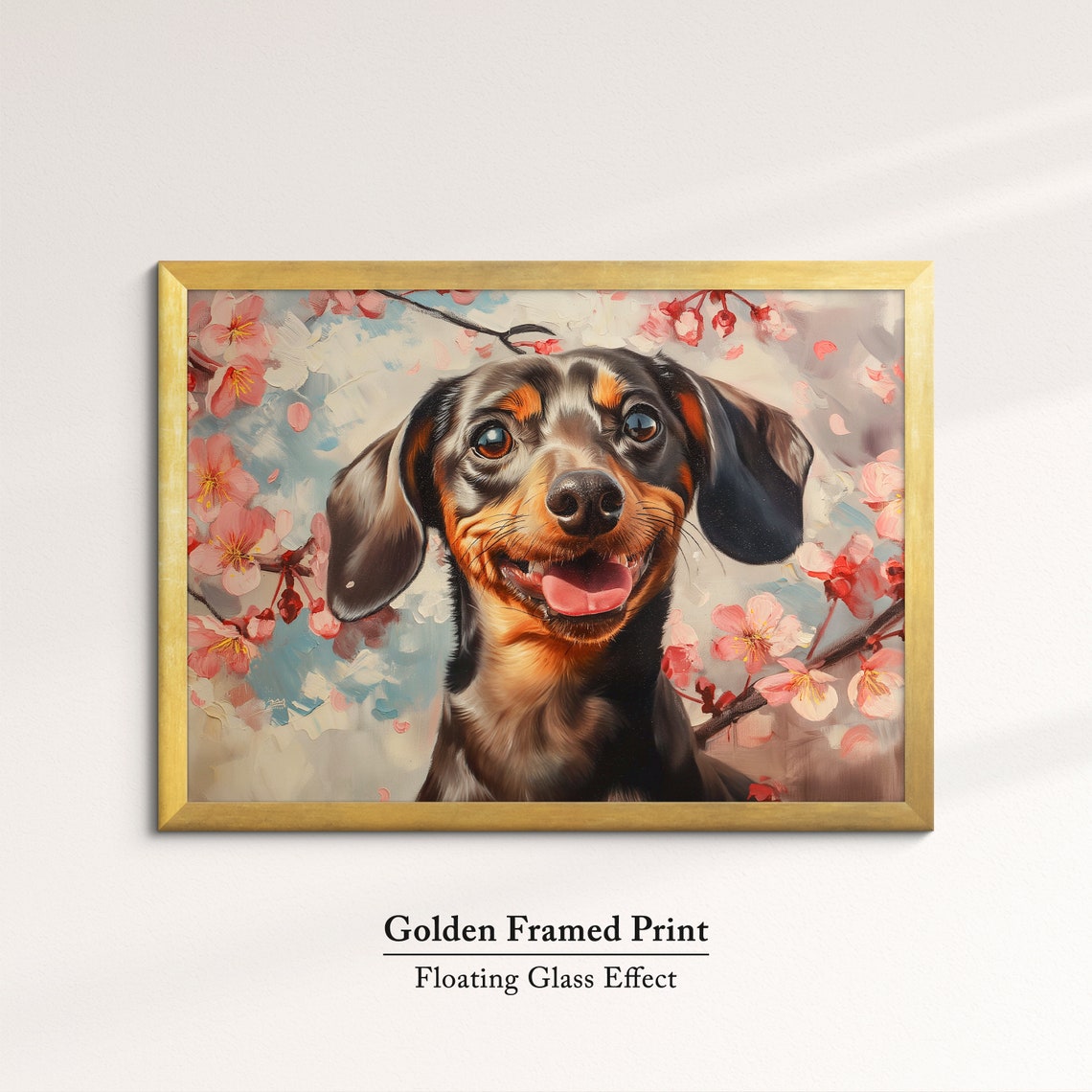 Cheerful Dachshund Face Close Up In Spring Cherry Blossoms Art Poster - Image 5