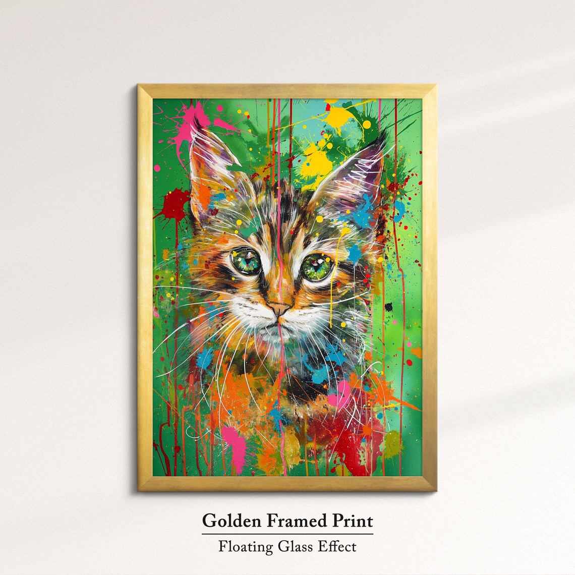 Colorful Tabby Kitten Face Pop Art Painting Green Splatter Pet Wall Art Poster - Image 5