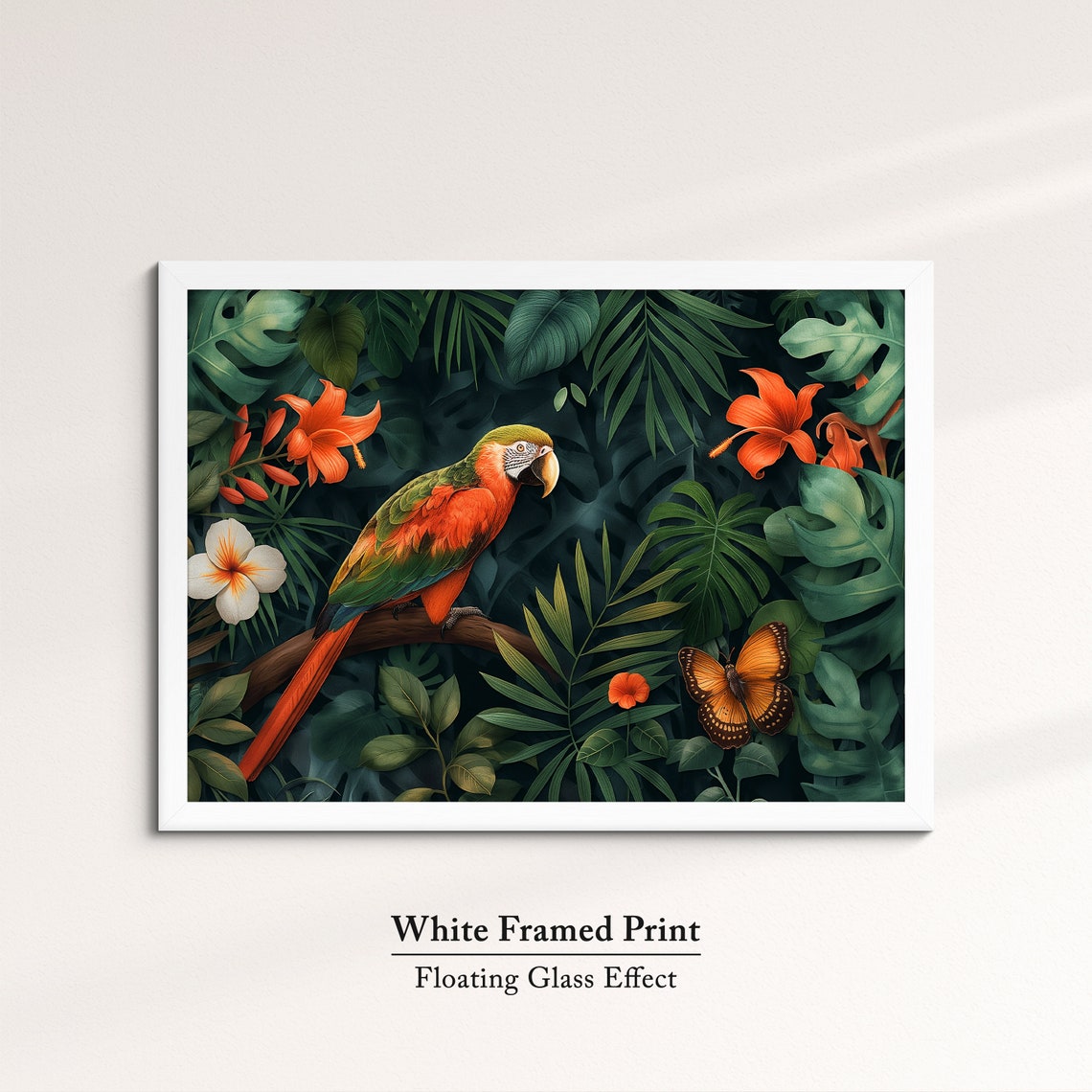 Vibrant Macaw Parrot In Lush Jungle With Butterfly Exotic Bird Poster - Image 7