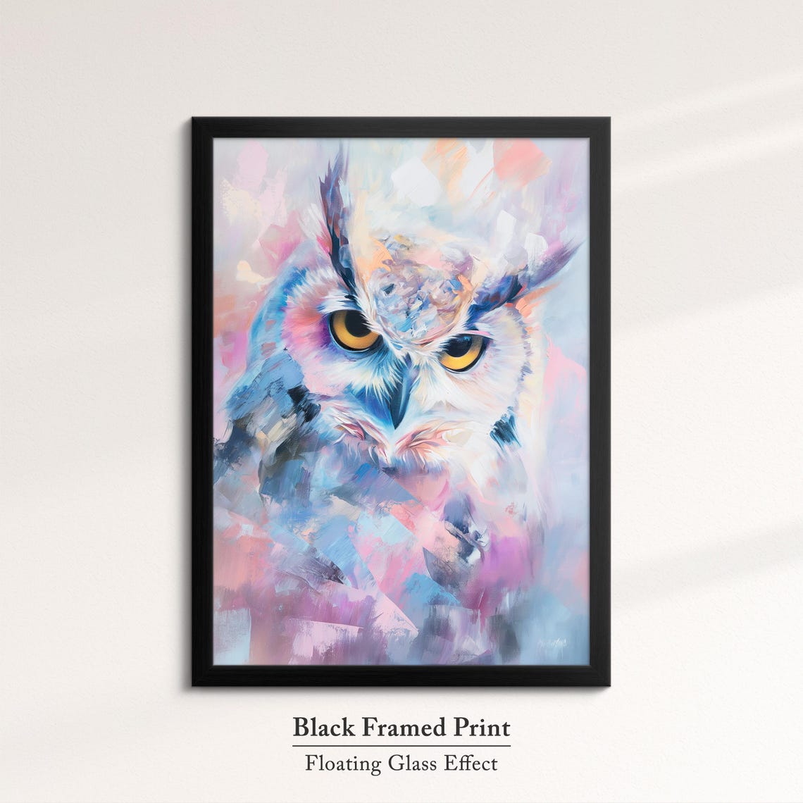 White Horned Owl Yellow Eyes Pink Blue Pastel Abstract Bird Art Poster - Image 8
