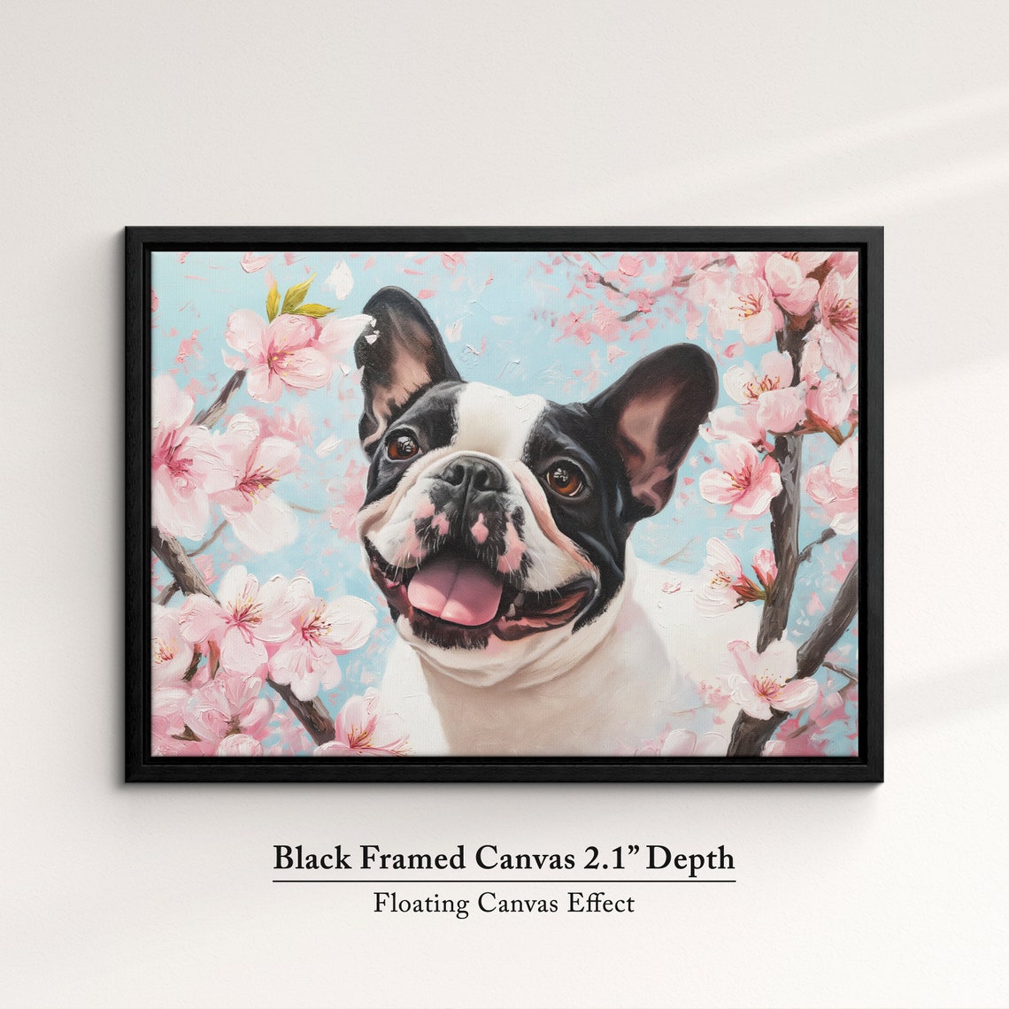 Black And White French Bulldog Smiling In Spring Cherry Blooms Poster - Image 2
