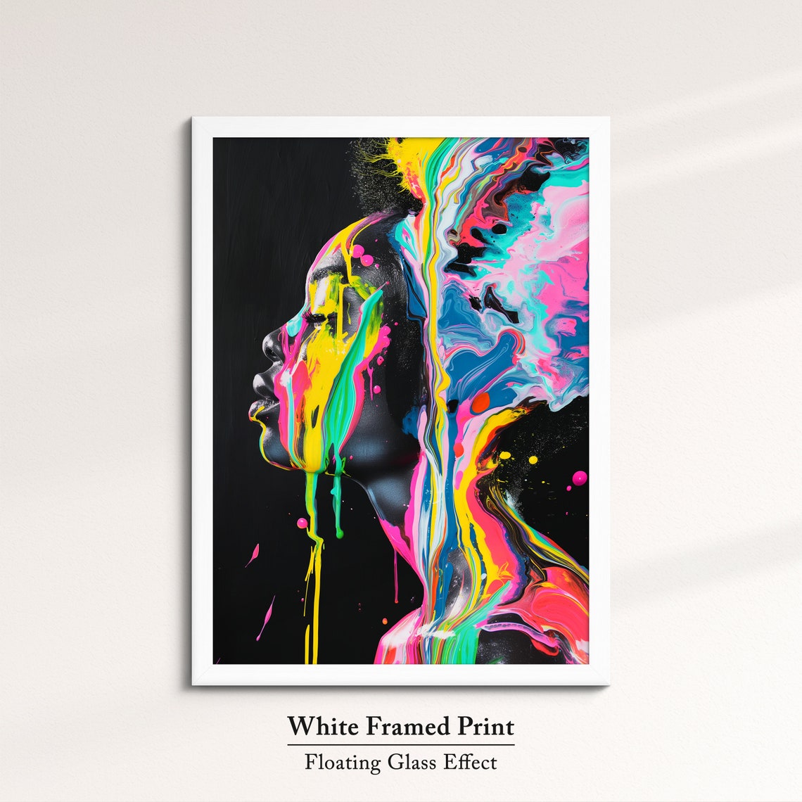 Neon Paint Drips Over Woman Face Profile Black Background Art Poster - Image 7
