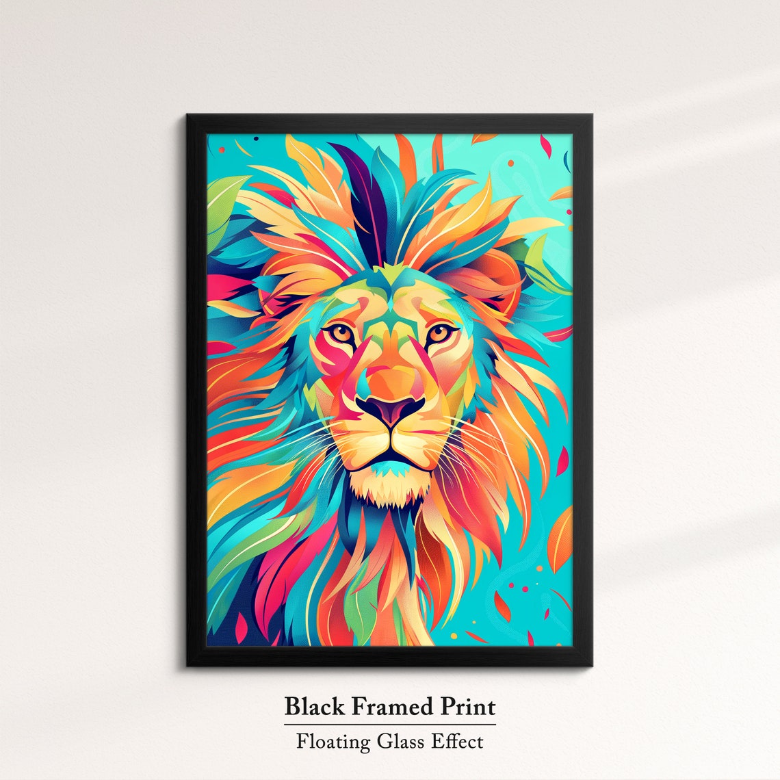 Colorful Lion Face Front Rainbow Feather Mane Teal Art Poster - Image 8
