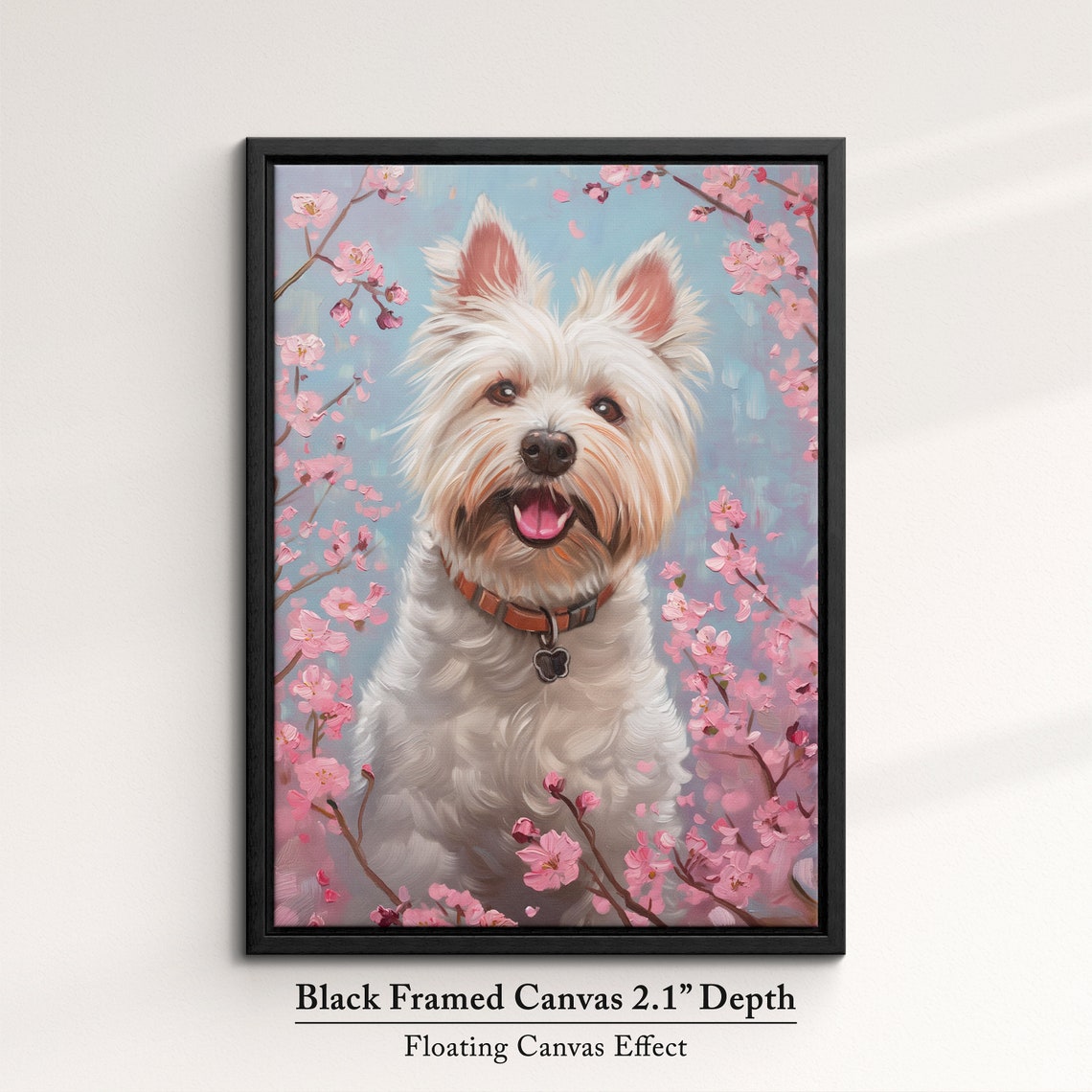 Happy Westie With Orange Collar In Pink Blossoms Blue Sky Poster - Image 2