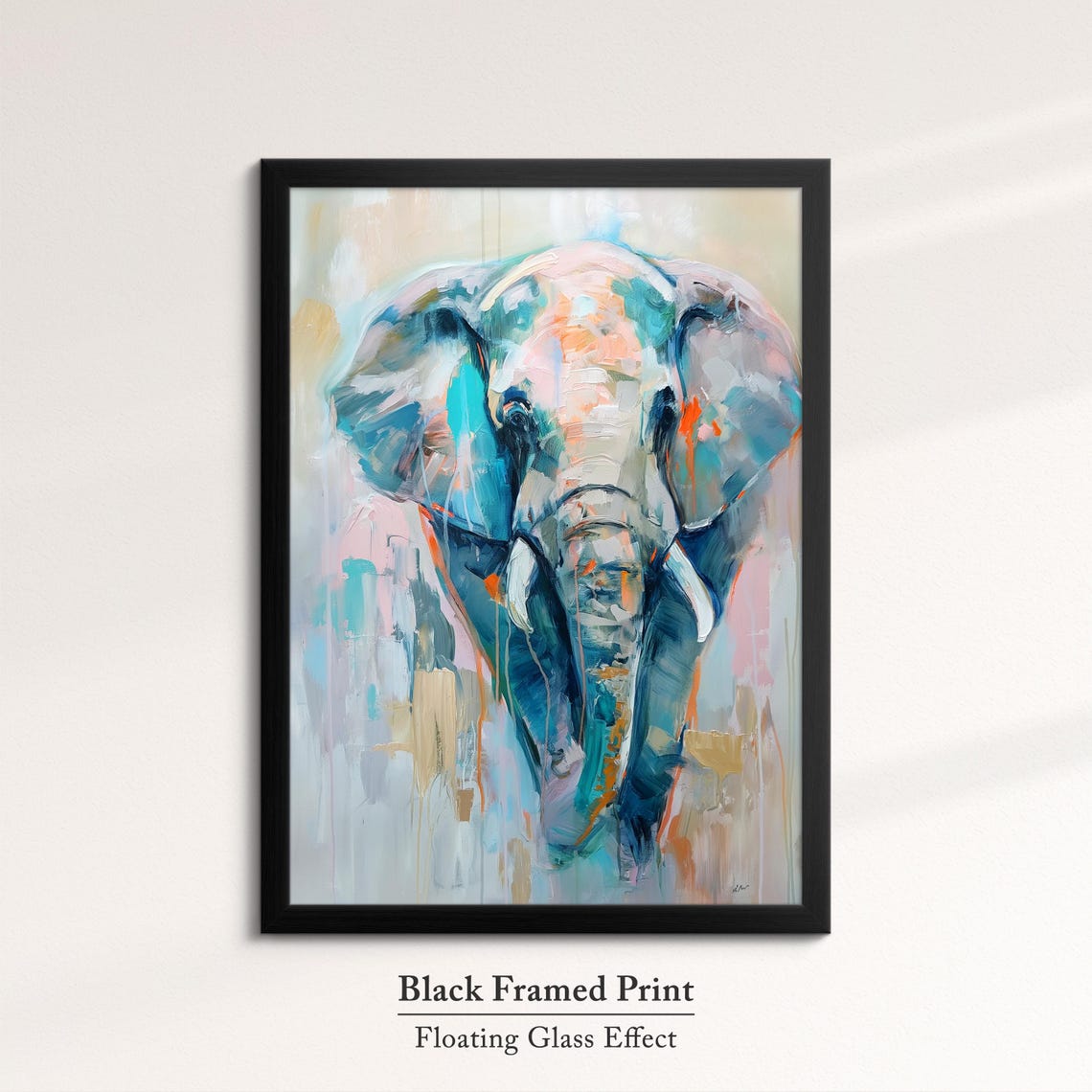 Elephant Front View Soft Teal Pink Paint Drip Abstract Wall Art - Image 8