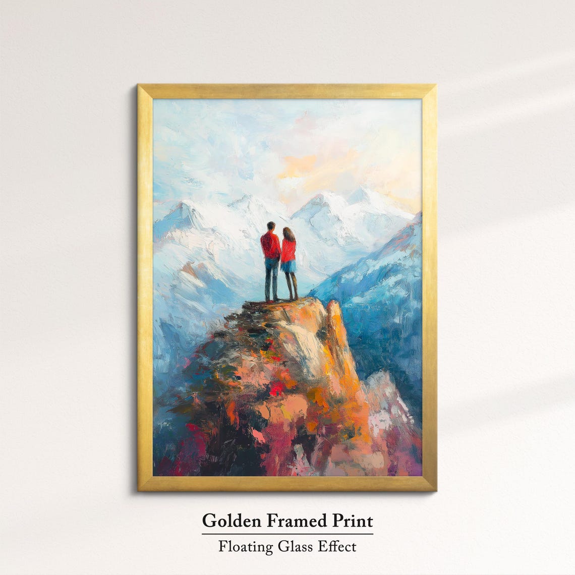 Romantic Couple On Cliff Edge Snowy Mountain Peak Love Art Poster - Image 5