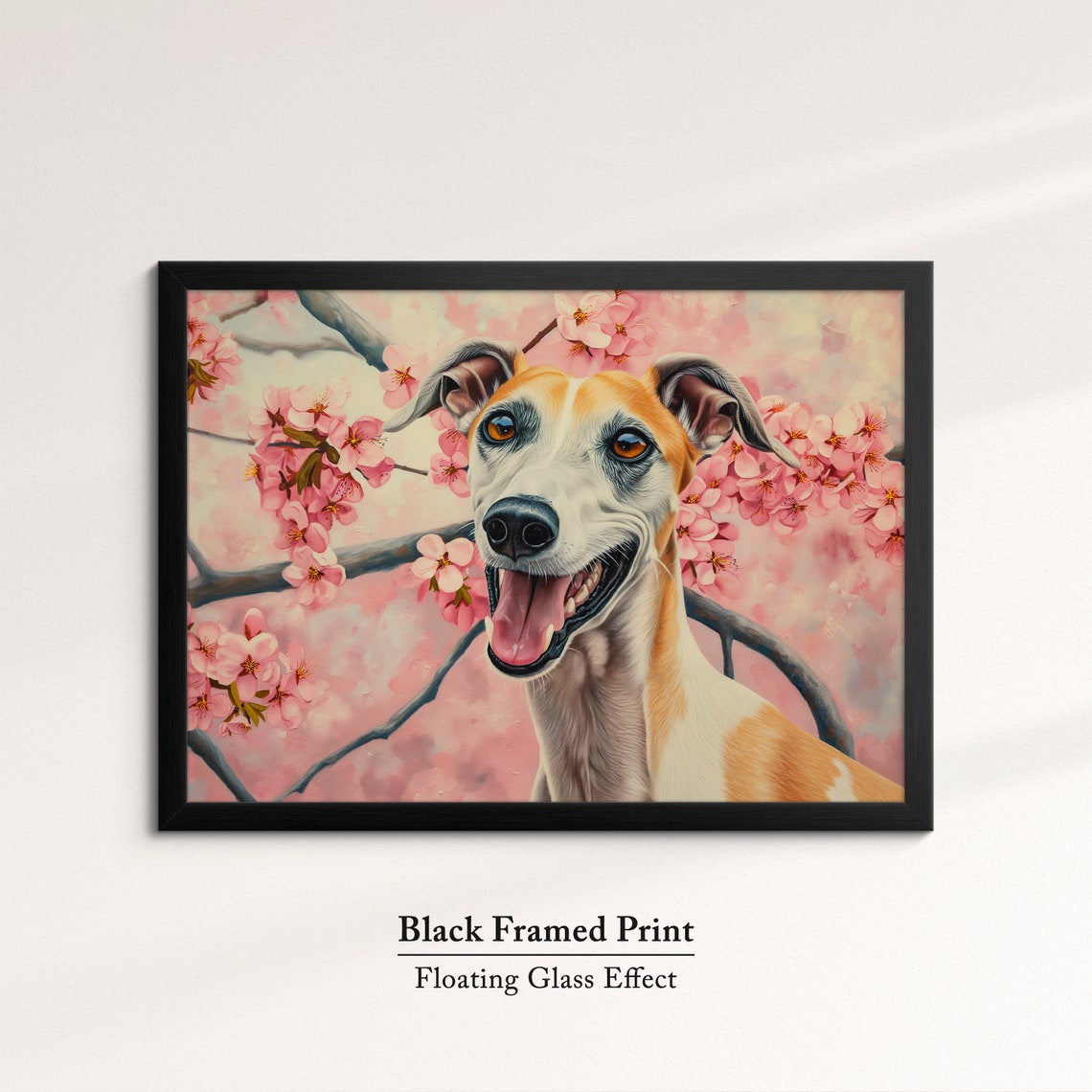 Tan And White Greyhound Grinning In Pink Blossoms Spring Art Poster - Image 8