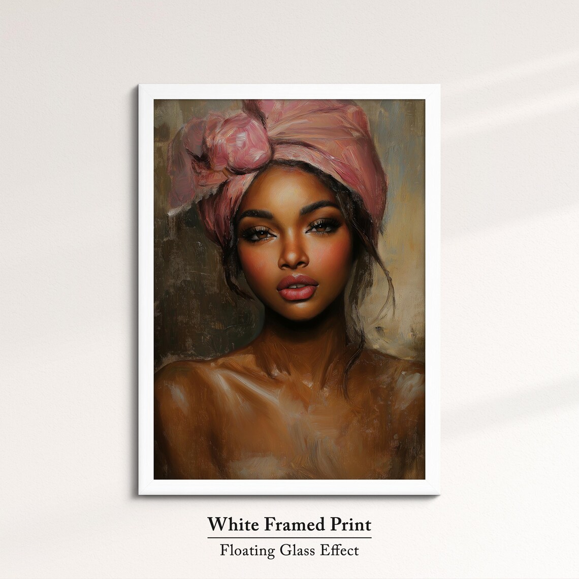 African Woman Portrait Pink Headwrap Elegant Oil Painting Wall Art - Image 7