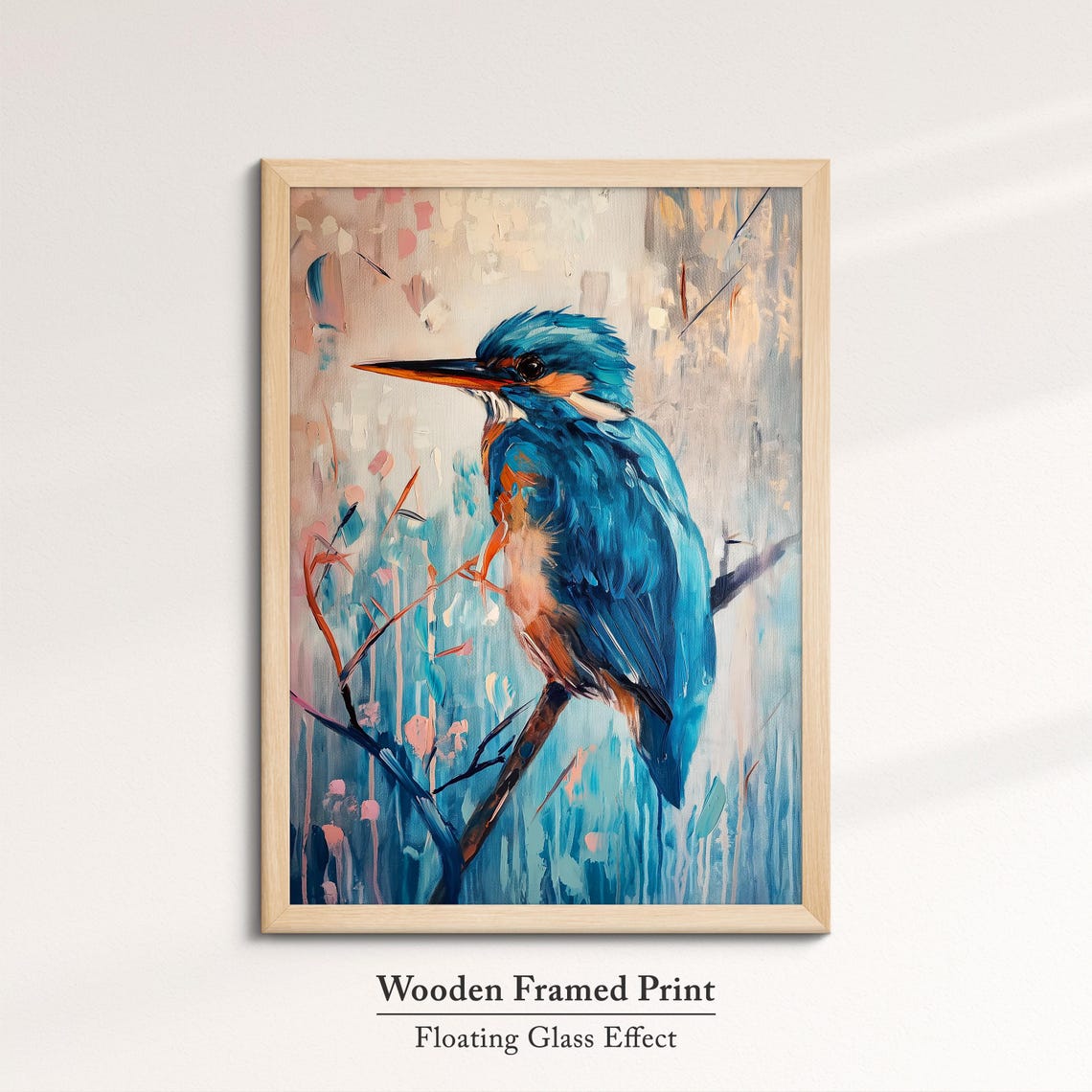 Kingfisher Blue Perched Branch Pink Teal Abstract Bird Painting Poster - Image 6