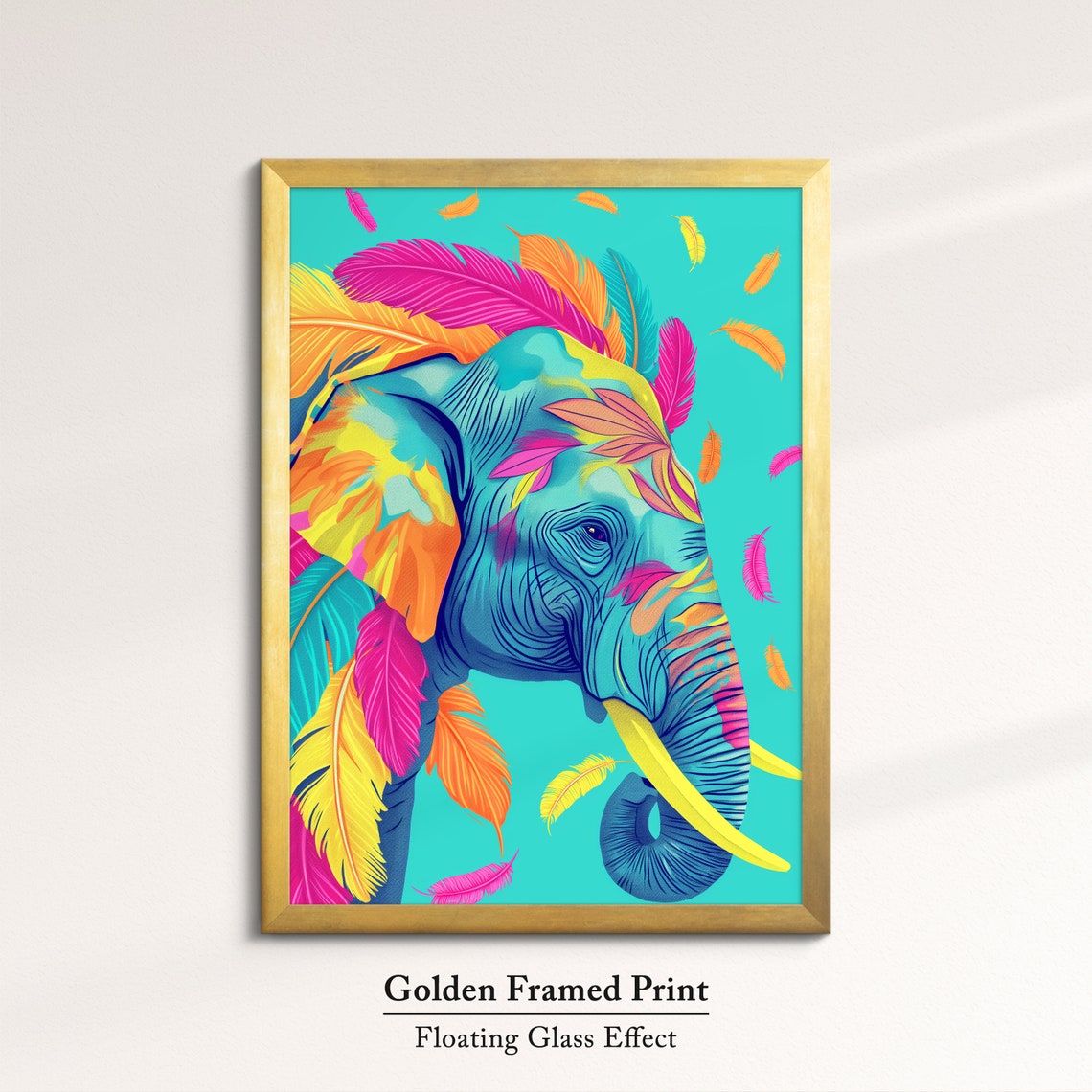 Elephant Head Portrait With Rainbow Feathers Turquoise Art Poster - Image 5