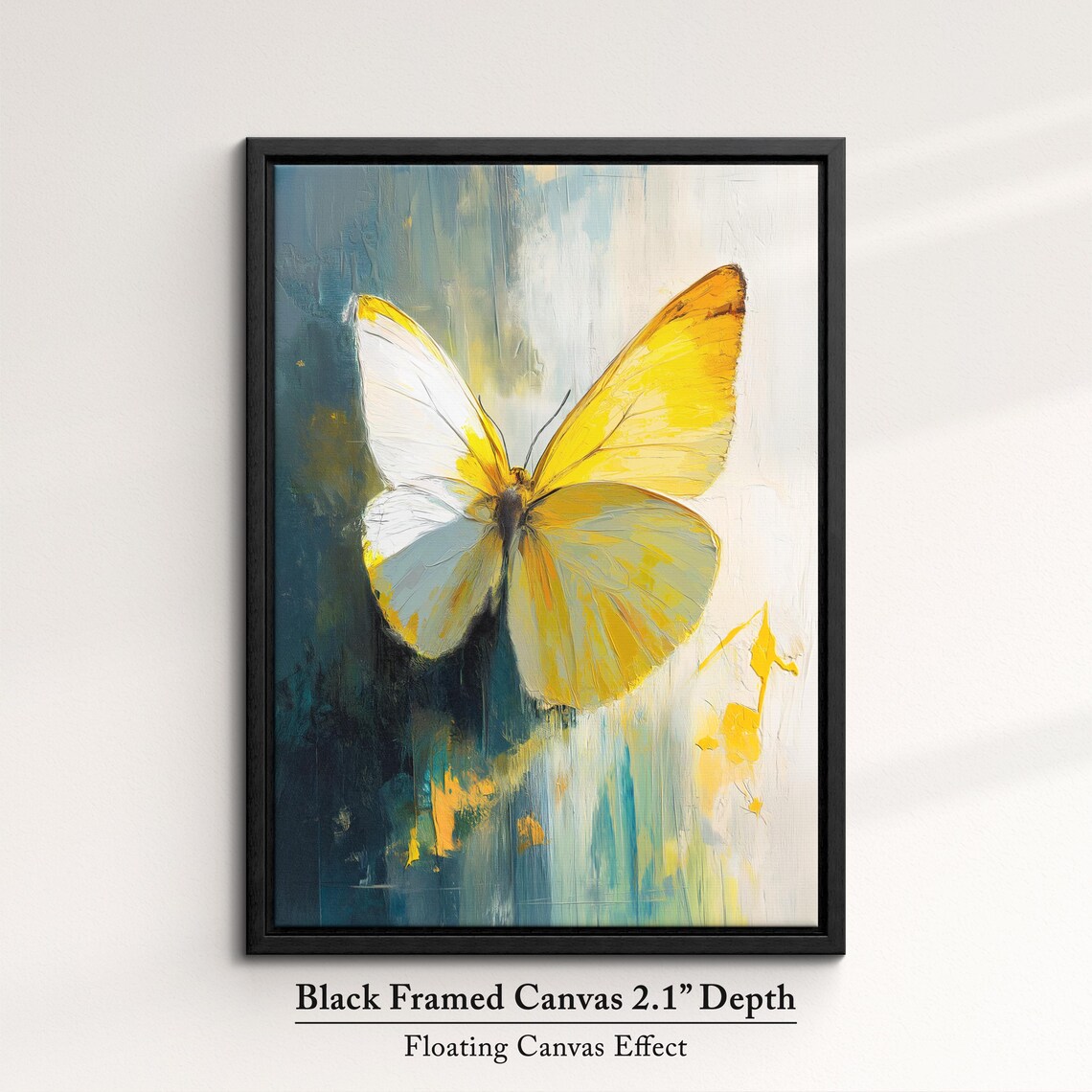 Yellow White Butterfly Large Wings Dark Teal Cream Abstract Art Poster - Image 2
