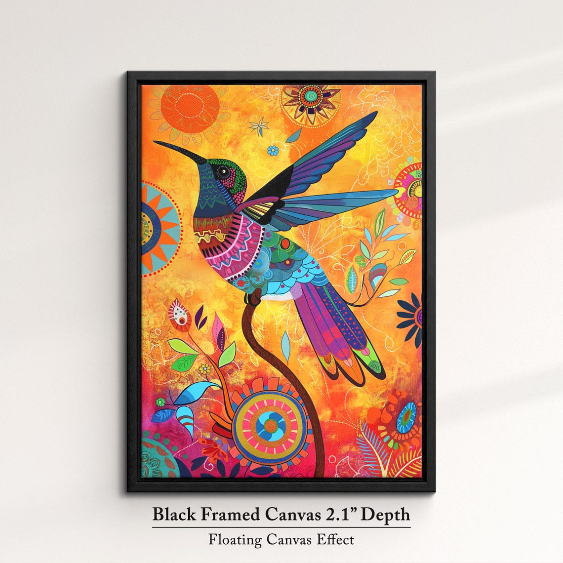 Colorful Hummingbird Folk Art Orange Mandala Background Wall Poster - Image 2