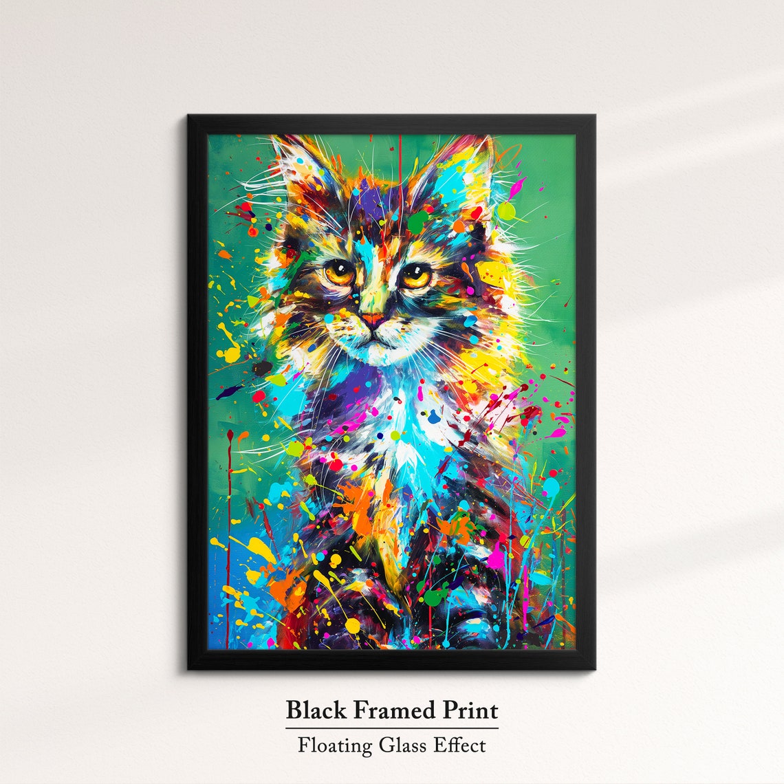 Colorful Paint Splatter Longhair Cat Portrait Teal Art Poster - Image 8